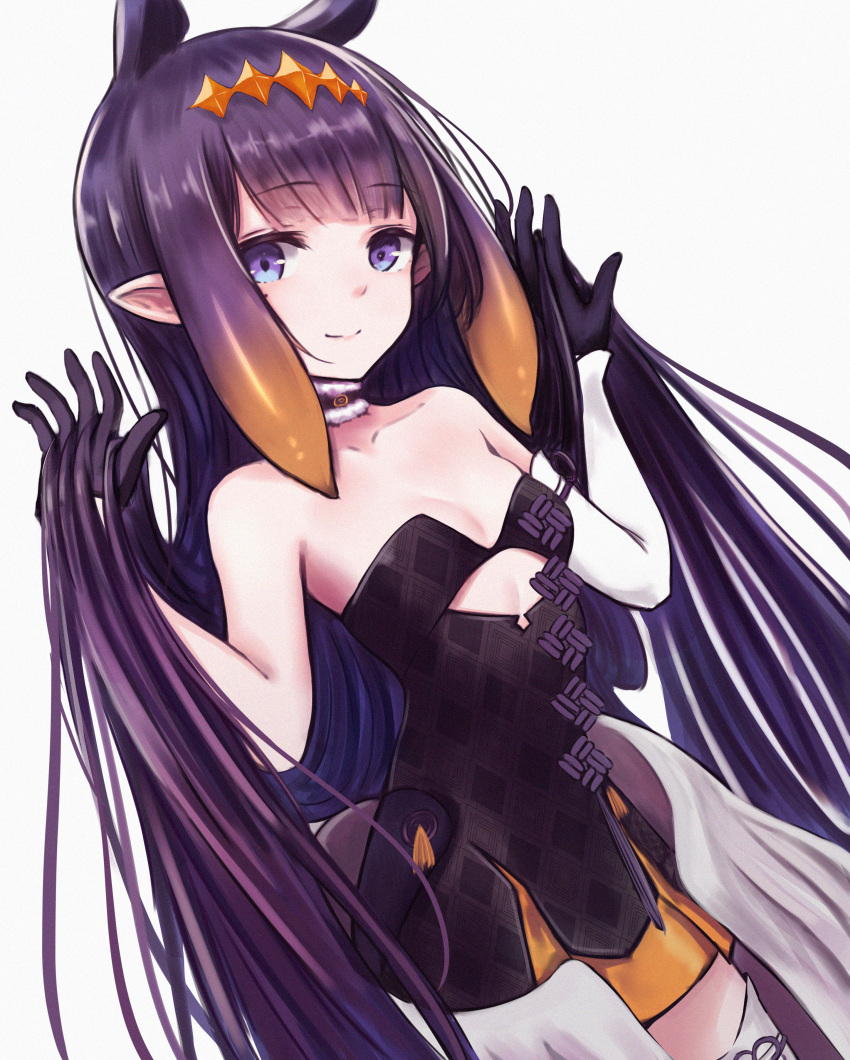 1girl absurdres asymmetrical_gloves bangs black_collar black_dress black_gloves black_hair blue_eyes blunt_bangs breasts closed_mouth collar cutout_above_navel dress dutch_angle elbow_gloves fur-trimmed_collar gloves gradient_hair headpiece highres holding holding_hair hololive hololive_english huge_filesize long_hair looking_at_viewer low_wings mole mole_under_eye multicolored_hair ninomae_ina'nis orange_hair pikao pointy_ears purple_hair short_dress sidelocks simple_background single_elbow_glove single_thighhigh small_breasts smile solo strapless strapless_dress tentacle_hair thigh-highs tube_dress very_long_hair virtual_youtuber white_background white_legwear wings