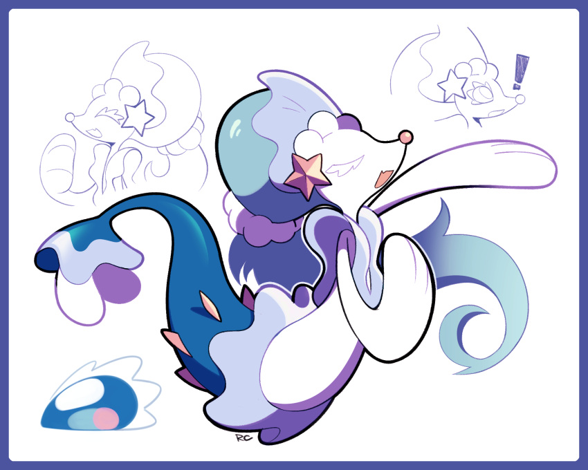 ! artsy-rc border closed_eyes commentary english_commentary fang full_body gen_7_pokemon highres multiple_views music no_humans open_mouth pokemon pokemon_(creature) primarina signature singing skin_fang smile white_background