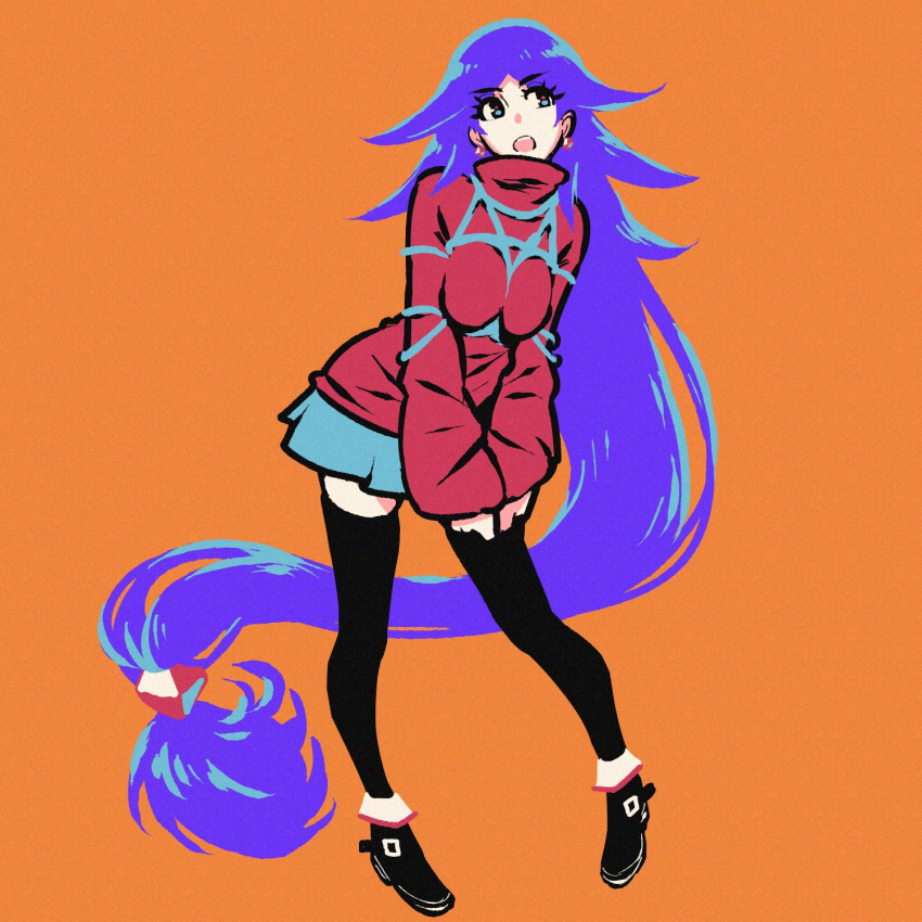 1girl absurdly_long_hair akairiot aqua_skirt black_footwear black_legwear blue_eyes earrings eyebrows_visible_through_hair full_body highres jewelry long_hair long_sleeves low-tied_long_hair open_mouth orange_background original purple_hair red_sweater shibari shibari_over_clothes shoes simple_background skirt solo standing sweater thigh-highs very_long_hair