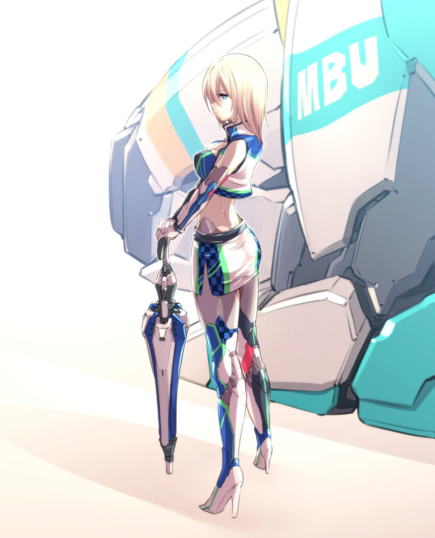 1girl alternate_costume android bandeau blue_eyes commentary cropped_jacket expressionless hair_between_eyes high_heels highres holding holding_umbrella ishiyumi looking_to_the_side mechanical_buddy_universe miniskirt momdroid_(mechanical_buddy_universe) platinum_blonde_hair racequeen robot_parts science_fiction short_hair side_slit skirt solo thigh-highs umbrella