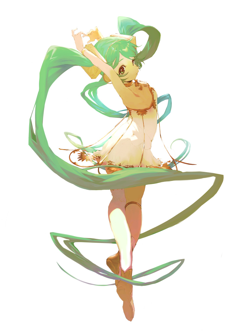 1girl absurdly_long_hair absurdres armpits arms_behind_head arms_up backlighting ballet bare_arms bracelet chest_tattoo closed_mouth dancing dress eyelashes flat_chest full_body green_eyes green_hair hatsune_miku headphones highres jewelry legs_together light_smile long_hair looking_at_viewer looking_back miku_symphony_(vocaloid) neck_ribbon neck_ring number_tattoo reina ribbon see-through_dress shiny shiny_hair shoe_soles shoes short_dress simple_background single_thighhigh solo standing standing_on_one_leg strapless strapless_dress tareme tattoo thigh-highs thighlet tiptoes twintails very_long_hair vocaloid wavy_hair white_background white_dress white_legwear