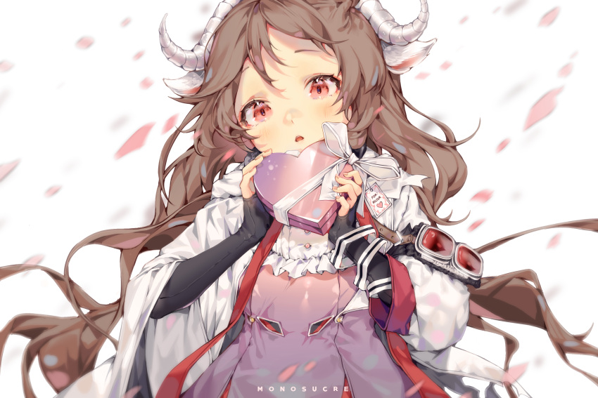 1girl animal_ears arknights artist_name bangs blush bow box brown_hair coat curled_horns dress elbow_gloves eyjafjalla_(arknights) fingerless_gloves gift gift_box gloves goggles goggles_around_arm goggles_removed heart heart-shaped_box highres holding holding_gift horns incoming_gift long_hair looking_at_viewer monosucre open_mouth petals purple_dress red_eyes sheep_ears sheep_girl sheep_horns solo valentine wavy_hair white_coat
