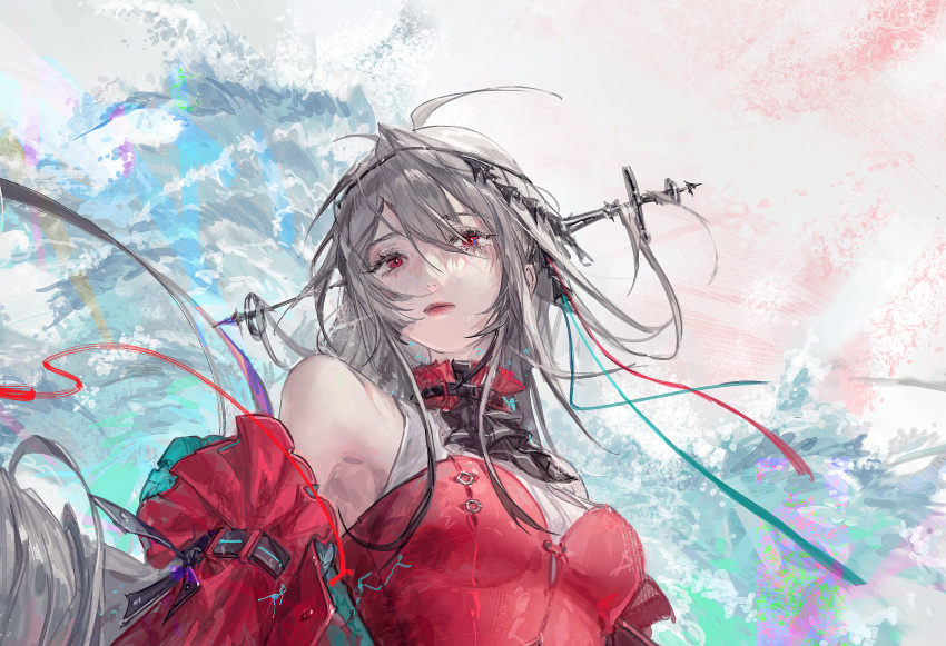 1girl ahoge arknights bare_shoulders closed_mouth cropped cropped_legs frills hair_between_eyes hair_ribbon highres kurii89800727 lipstick long_hair looking_at_viewer makeup red_eyes red_lips ribbon skadi_(arknights) skadi_the_corrupting_heart_(arknights) solo symbol_commentary upper_body