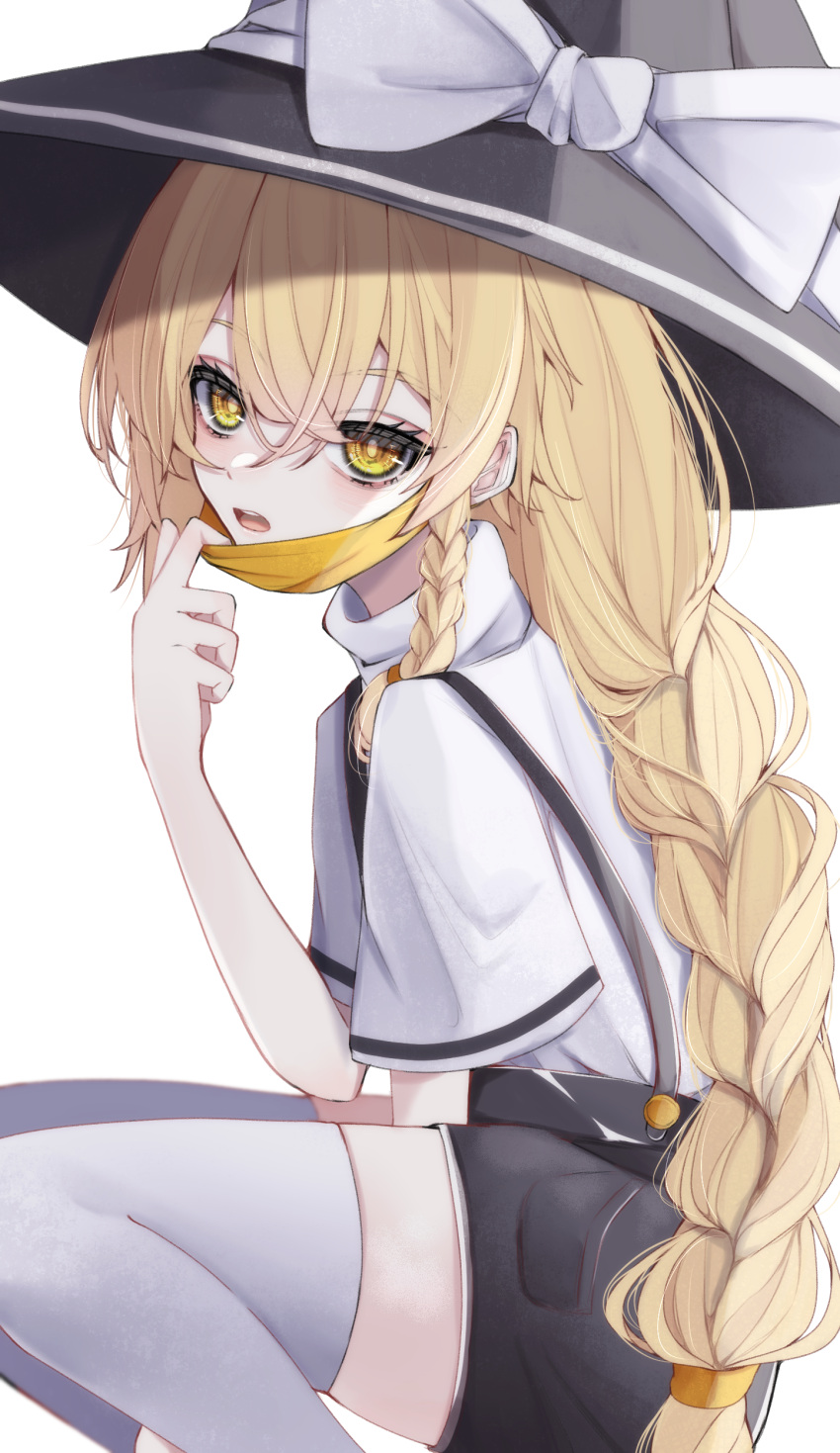 1girl absurdres adapted_costume alternate_hairstyle bangs between_legs black_headwear black_shorts blonde_hair bow braid bright_pupils buttons from_side hair_between_eyes hand_between_legs hand_up hat hat_bow highres kirisame_marisa long_hair looking_at_viewer looking_to_the_side low-tied_long_hair mask mask_pull mouth_mask open_mouth orange_scrunchie scrunchie shorts side_braid sidelocks simple_background solo suspender_shorts suspenders thigh-highs touhou tsune_(tune) turtleneck very_long_hair white_background white_bow wide_sleeves witch_hat yellow_eyes yellow_scrunchie zettai_ryouiki