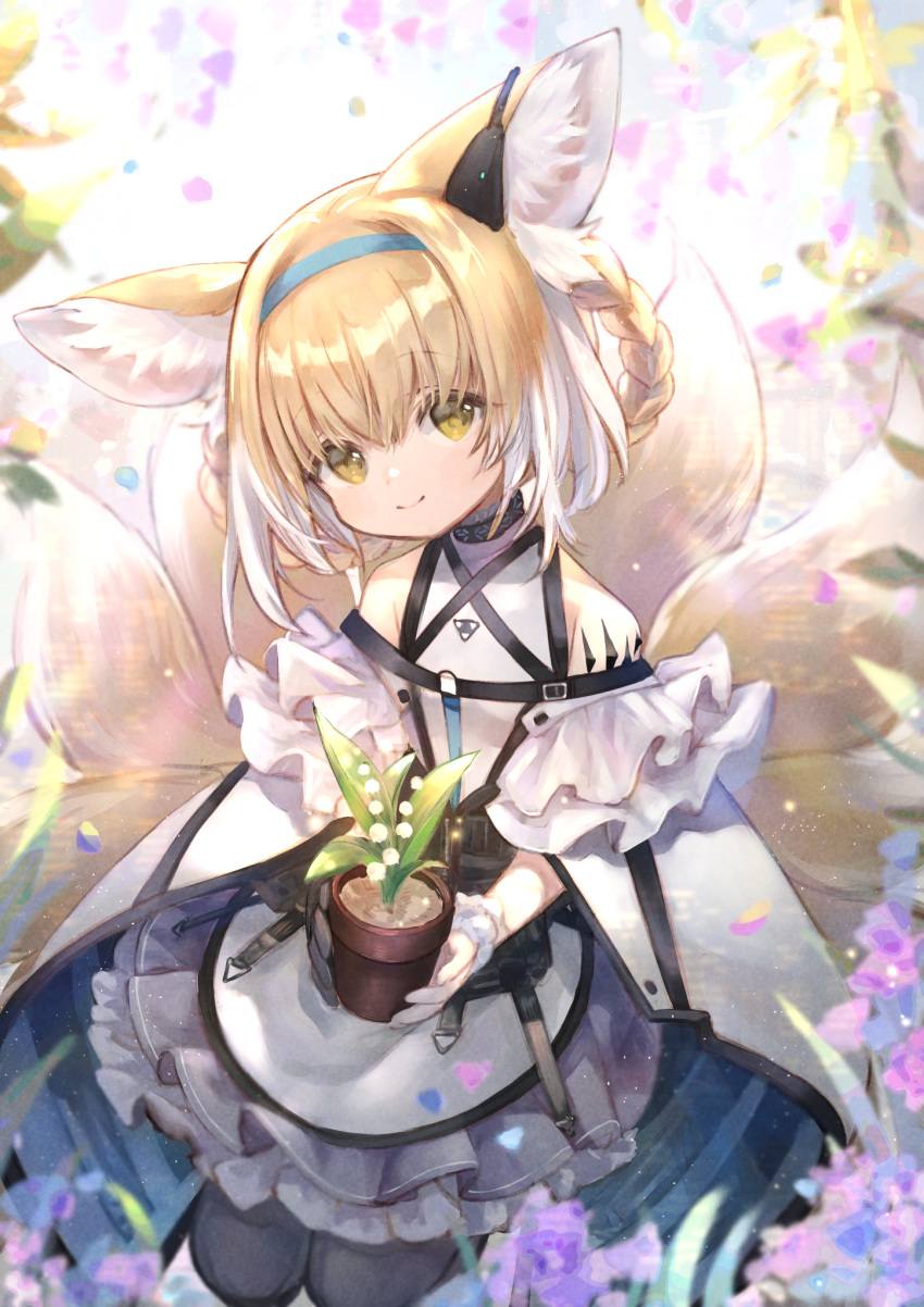 1girl animal_ear_fluff animal_ears arknights bare_shoulders black_collar black_legwear blonde_hair blue_hairband choker collar commentary_request dress earpiece fox_ears fox_girl fox_tail green_eyes hairband head_tilt highres holding holding_pot infection_monitor_(arknights) kitsune kyuubi looking_at_viewer multiple_tails oripathy_lesion_(arknights) pantyhose plant pot romayasu seiza sitting skirt smile solo suzuran_(arknights) tail white_dress white_skirt white_wristband