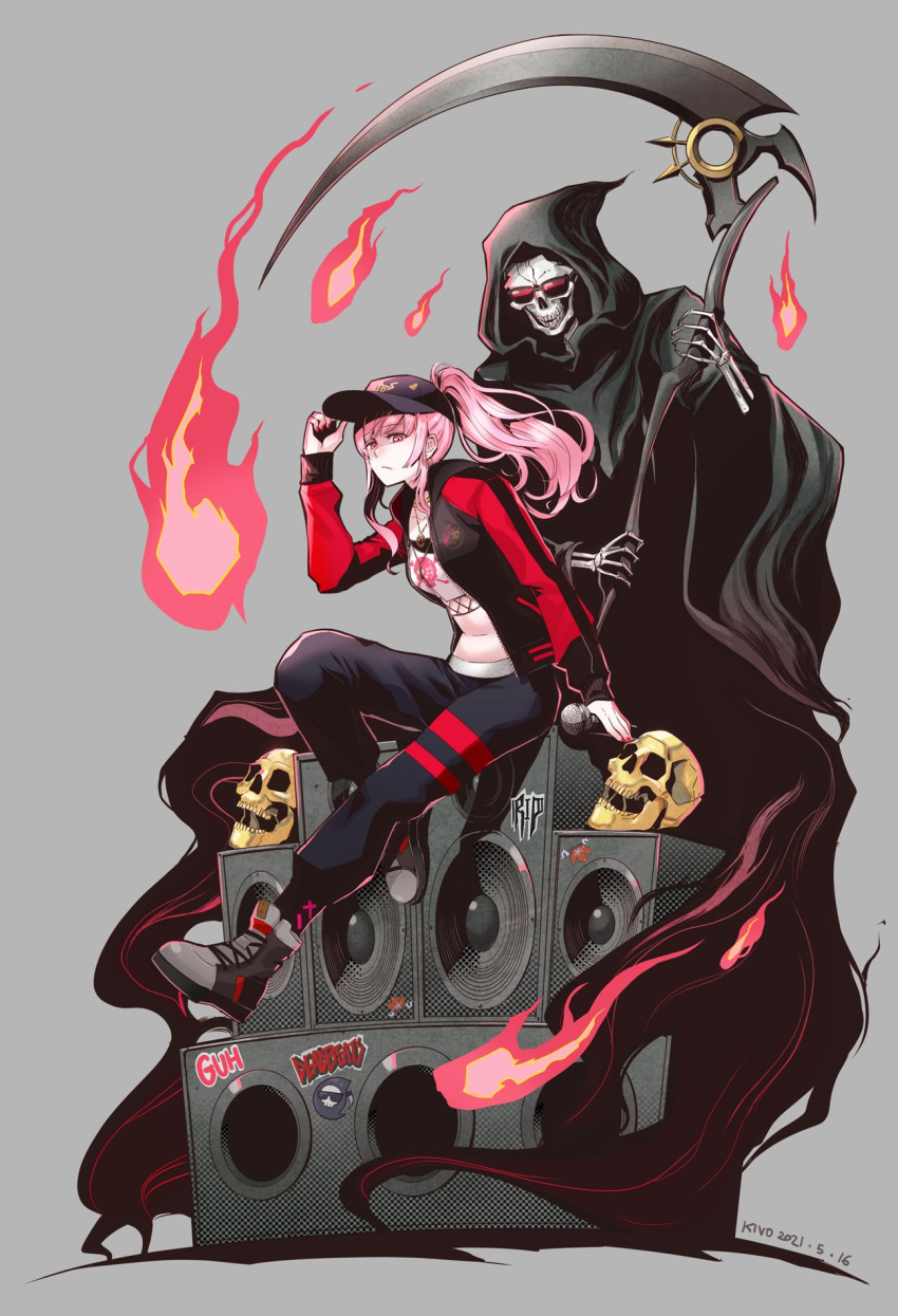 1boy 1girl crop_top dated death_(entity) fire grim_reaper hat highres hololive hololive_english jacket kivo midriff mori_calliope navel pink_eyes pink_hair ponytail scythe shoes signature sitting skull sneakers speaker sunglasses