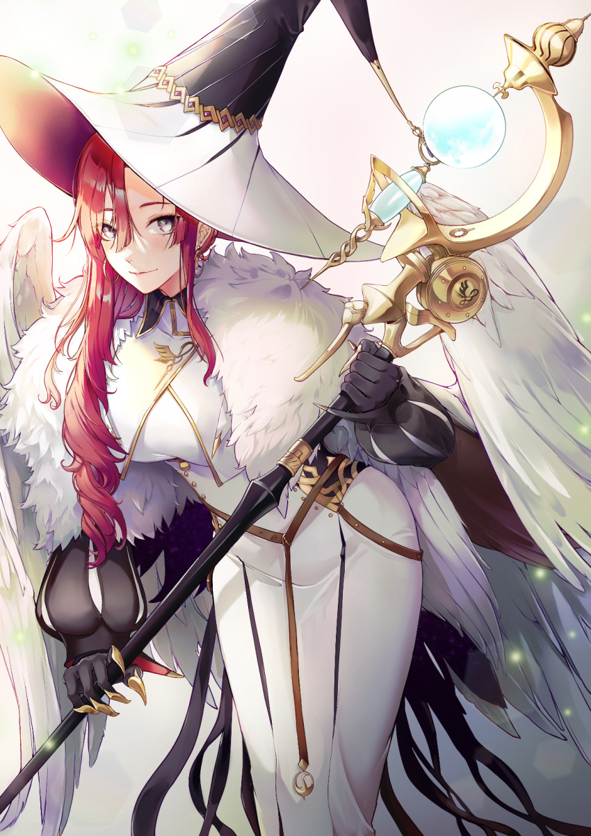1girl bird_wings dress earrings fate/grand_order fate_(series) feather_boa hat highres holding holding_staff jewelry long_dress long_hair mentaikopan miss_crane_(fate) redhead staff wings witch_hat