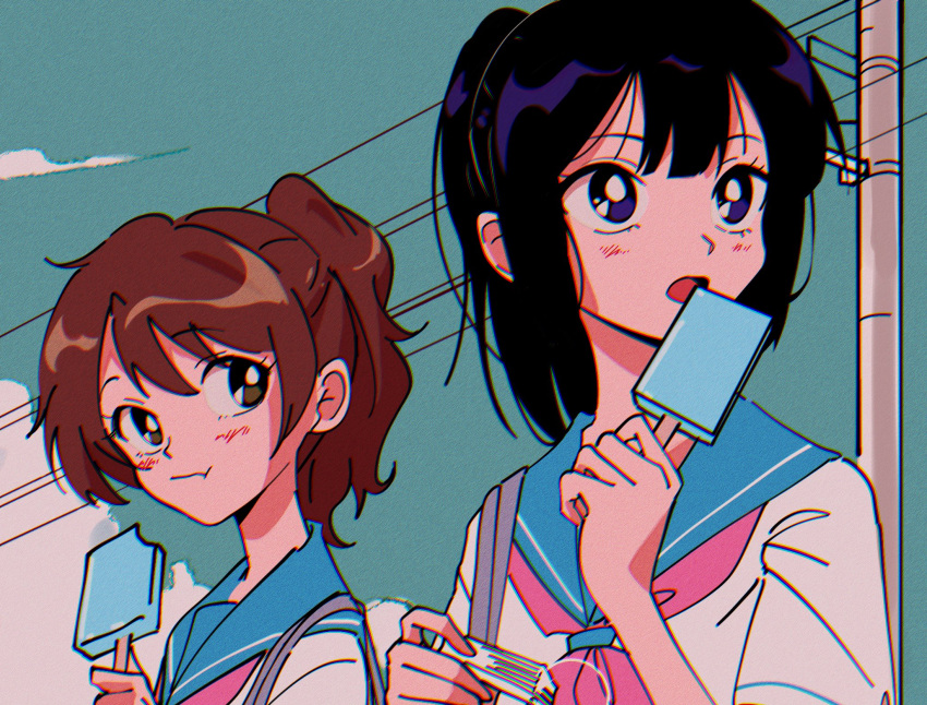1990s_(style) 2girls bag black_hair blue_sailor_collar blush brown_eyes brown_hair closed_mouth clouds eating flash_cards food hibike!_euphonium highres holding holding_food kitauji_high_school_uniform kousaka_reina long_hair looking_at_another looking_to_the_side multiple_girls neckerchief nzeneee open_mouth oumae_kumiko outdoors pink_neckwear popsicle power_lines retro_artstyle sailor_collar school_bag school_uniform serafuku shirt short_sleeves sky utility_pole violet_eyes white_shirt