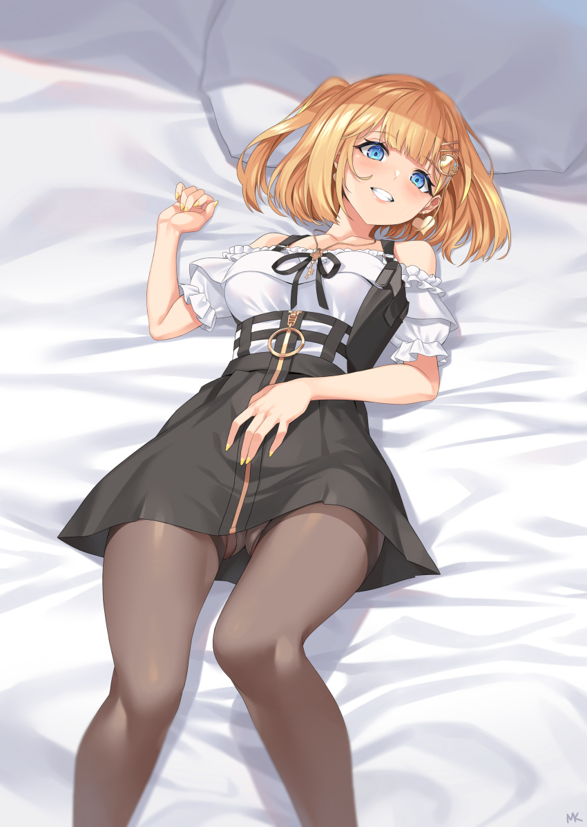 1girl absurdres ass bangs bare_shoulders bed_sheet black_skirt blonde_hair blue_eyes blunt_bangs blush brown_legwear frilled_shirt frills grin hair_ornament hand_on_own_stomach heart heart-shaped_pupils high-waist_skirt highres hololive hololive_english jewelry looking_at_viewer lying miniskirt mk_(lazymk) monocle_hair_ornament necklace off-shoulder_shirt off_shoulder official_alternate_costume on_back panties panties_under_pantyhose pantyhose pillow puffy_short_sleeves puffy_sleeves shirt short_hair short_sleeves skirt smile solo symbol-shaped_pupils thighband_pantyhose underwear upskirt virtual_youtuber watson_amelia white_panties white_shirt yellow_nails zipper zipper_pull_tab