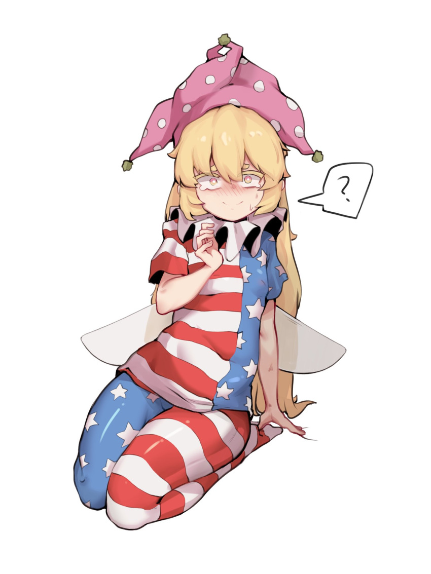 1girl ? american_flag_dress american_flag_legwear blonde_hair blush clownpiece constricted_pupils doro_au dress fairy_wings full_body hat highres jester_cap long_hair looking_at_viewer neck_ruff nervous_smile pantyhose polka_dot purple_headwear short_sleeves simple_background sitting solo spoken_question_mark star_(symbol) star_print striped sweatdrop touhou very_long_hair white_background wings yellow_eyes