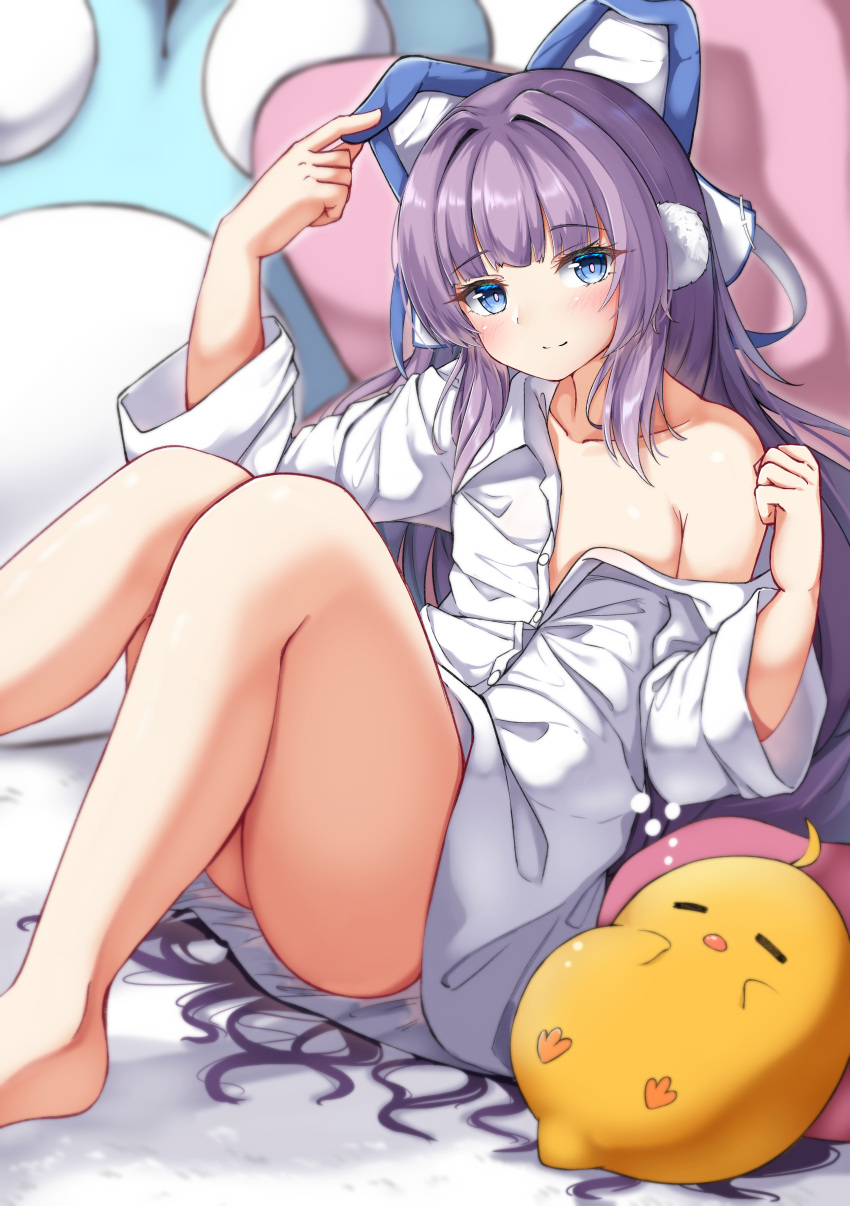 1girl absurdres animal arm_up azur_lane bangs bare_shoulders bird blue_eyes blush chick closed_mouth collared_shirt commentary_request dress_shirt eyebrows_visible_through_hair feet_out_of_frame hand_up highres knees_together_feet_apart knees_up long_hair long_sleeves looking_at_viewer manjuu_(azur_lane) moyoron naked_shirt off_shoulder purple_hair shirt smile solo tashkent_(azur_lane) very_long_hair white_shirt