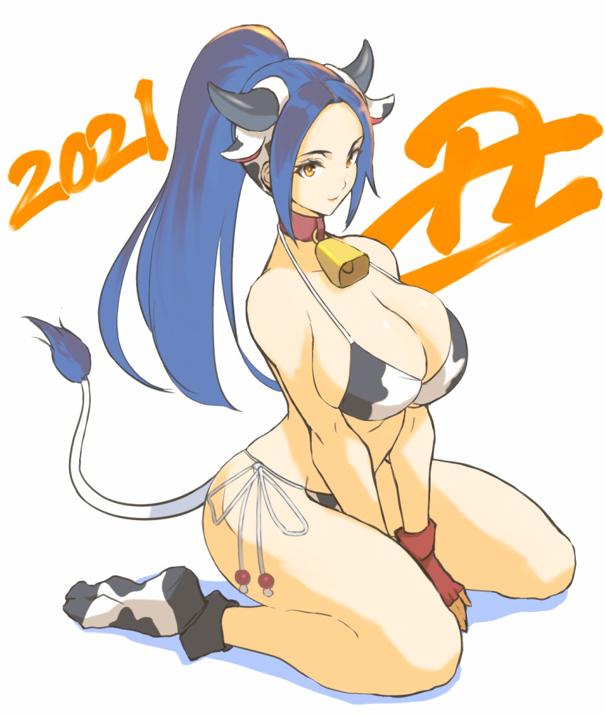 1girl alternate_hair_color bikini blue_hair breasts cleavage cow_horns cow_print cowbell fake_horns fingerless_gloves gloves horns king_of_fighters large_breasts pixiv_id_61504622 ponytail red_gloves shiranui_mai sitting solo tail yellow_eyes