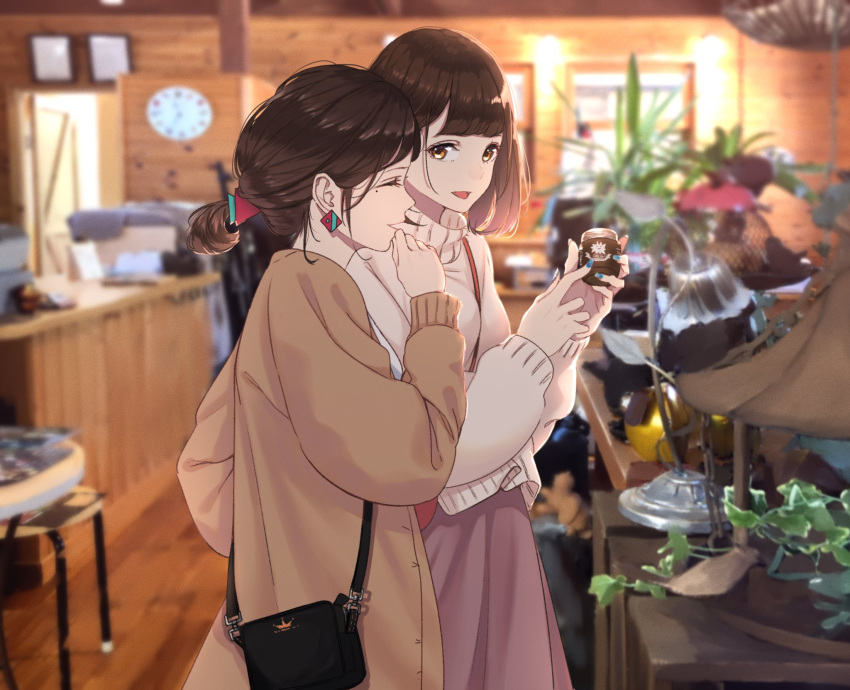 2girls bag blurry blurry_background bottle brown_eyes brown_hair brown_jacket brown_sweater clock closed_eyes closed_mouth door earrings handbag highres holding holding_bottle indoors jacket jewelry lamp long_sleeves looking_at_another medium_hair mole mole_under_eye multiple_girls nail_polish open_mouth original plant ponytail saitou_(lynx-shrike) skirt smile standing sweater table window