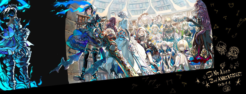 abs ahoge aladdin_(sinoalice) alice_(sinoalice) animal_ears anki_(sinoalice) apron bangs belt black_hair blonde_hair blue_hair blunt_bangs bob_cut book bookshelf boots braid briar_rose_(sinoalice) buckle chain chest_plate choker closed_eyes closed_mouth dorothy_(sinoalice) dress elbow_gloves energy_wings everyone flower formal glasses gloves green_eyes green_hair gretel_(sinoalice) grey_eyes hair_ornament hair_ribbon hameln_(sinoalice) hanazome_march happy hat headdress high_collar highres holding holding_weapon hood hood_up kaguya_hime_(sinoalice) kneeling legband little_red_riding_hood_(sinoalice) long_hair looking_at_another looking_at_viewer looking_down ningyo_hime_(sinoalice) orange_eyes otoko_no_ko petticoat pig_ears pinocchio_(sinoalice) plant puffy_short_sleeves puffy_sleeves purple_hair rapunzel_(sinoalice) red_eyes red_flower red_rose ribbon rose sad scared short_hair short_sleeves sidelocks sinoalice sleeping snow_white_(sinoalice) sparkle staff suit sword thigh-highs thorns three_little_pigs_(sinoalice) twintails vines weapon white_dress zettai_ryouiki