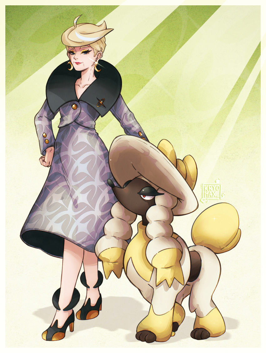 1girl absurdres ahoge blonde_hair blue_eyes border buttons closed_mouth collarbone earrings eyeshadow furfrou glint hand_on_own_hip high_heels highres jacket jett_(pokemon) jewelry long_sleeves makeup mature_female max_art149 pokemon pokemon_(creature) pokemon_legends:_z-a short_hair skirt standing swept_bangs yellow_eyeshadow