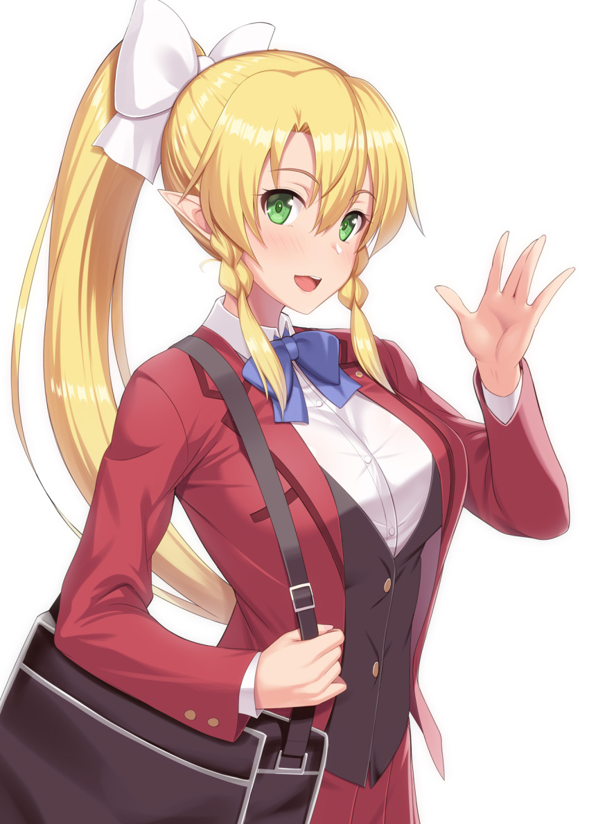 1girl :d bag bangs black_bag black_vest blonde_hair blue_bow blush bow braid collared_shirt commentary_request dress_shirt green_eyes hair_between_eyes hair_bow hand_up highres jacket kawase_seiki leafa long_hair long_sleeves looking_at_viewer open_mouth pleated_skirt pointy_ears red_jacket red_skirt shiny shiny_hair shirt shoulder_bag sidelocks simple_background skirt smile solo sword_art_online twin_braids upper_teeth very_long_hair vest white_background white_bow white_shirt