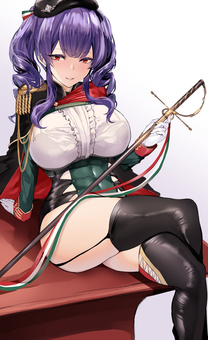 1girl absurdres agetama azur_lane bangs black_headwear black_legwear blush breasts cape commentary_request crossed_legs epaulettes eyebrows_visible_through_hair feet_out_of_frame garter_straps gloves hat highres large_breasts long_hair long_sleeves looking_at_viewer parted_lips pola_(azur_lane) purple_hair simple_background single_epaulette sitting smile solo sword thigh-highs thighs twintails weapon white_background white_gloves
