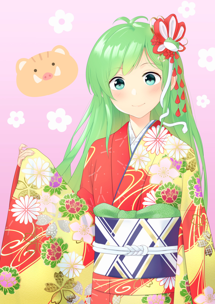 1girl absurdres antenna_hair blue_eyes blush boar floral_background floral_print frog_hair_ornament hair_ornament highres japanese_clothes kanpa_(campagne_9) kimono kochiya_sanae looking_at_viewer obi pink_background red_kimono sash simple_background sleeves_past_wrists smile snake_hair_ornament solo touhou upper_body wide_sleeves