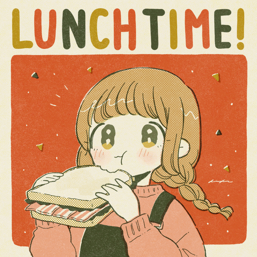 1girl :3 :t bacon bangs beige_border blush border braid bread chewing closed_mouth eating english_text film_grain food from_side halftone hands_up highres holding holding_food keke_(kotowari) lettuce light_brown_hair limited_palette long_hair long_sleeves looking_at_viewer low_twin_braids low_twintails muted_color no_nose notice_lines original outside_border pink_sweater puffy_long_sleeves puffy_sleeves red_background rounded_corners sandwich signature solo suspenders sweater tareme twin_braids twintails two-tone_background upper_body yellow_eyes