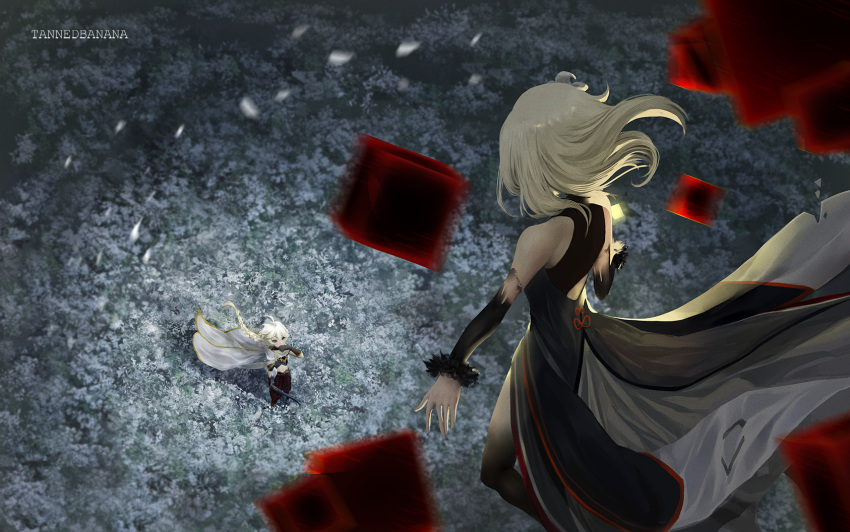 1boy 1girl aether_(genshin_impact) ahoge alternate_costume artist_name bangs bare_shoulders black_dress blonde_hair braid cape commentary cube detached_sleeves dress field flower flower_field from_behind genshin_impact gloves highres holding holding_weapon long_hair looking_at_another lumine_(genshin_impact) midriff outdoors pants petals scarf short_hair siblings sword tanned_banana twins weapon white_scarf yellow_eyes