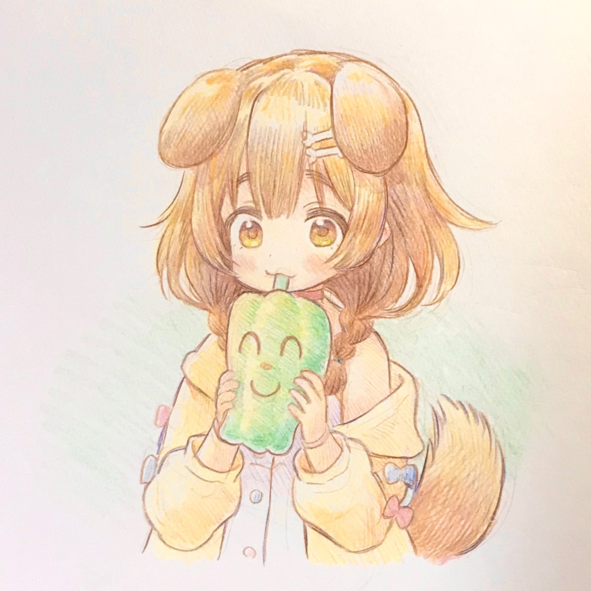 1girl animal_ears bone_hair_ornament bow braid brown_eyes brown_hair commentary_request dog_ears dog_girl dog_tail drinking hair_ornament highres hololive inugami_korone jacket sabaku_chitai solo tail twin_braids upper_body virtual_youtuber yellow_jacket
