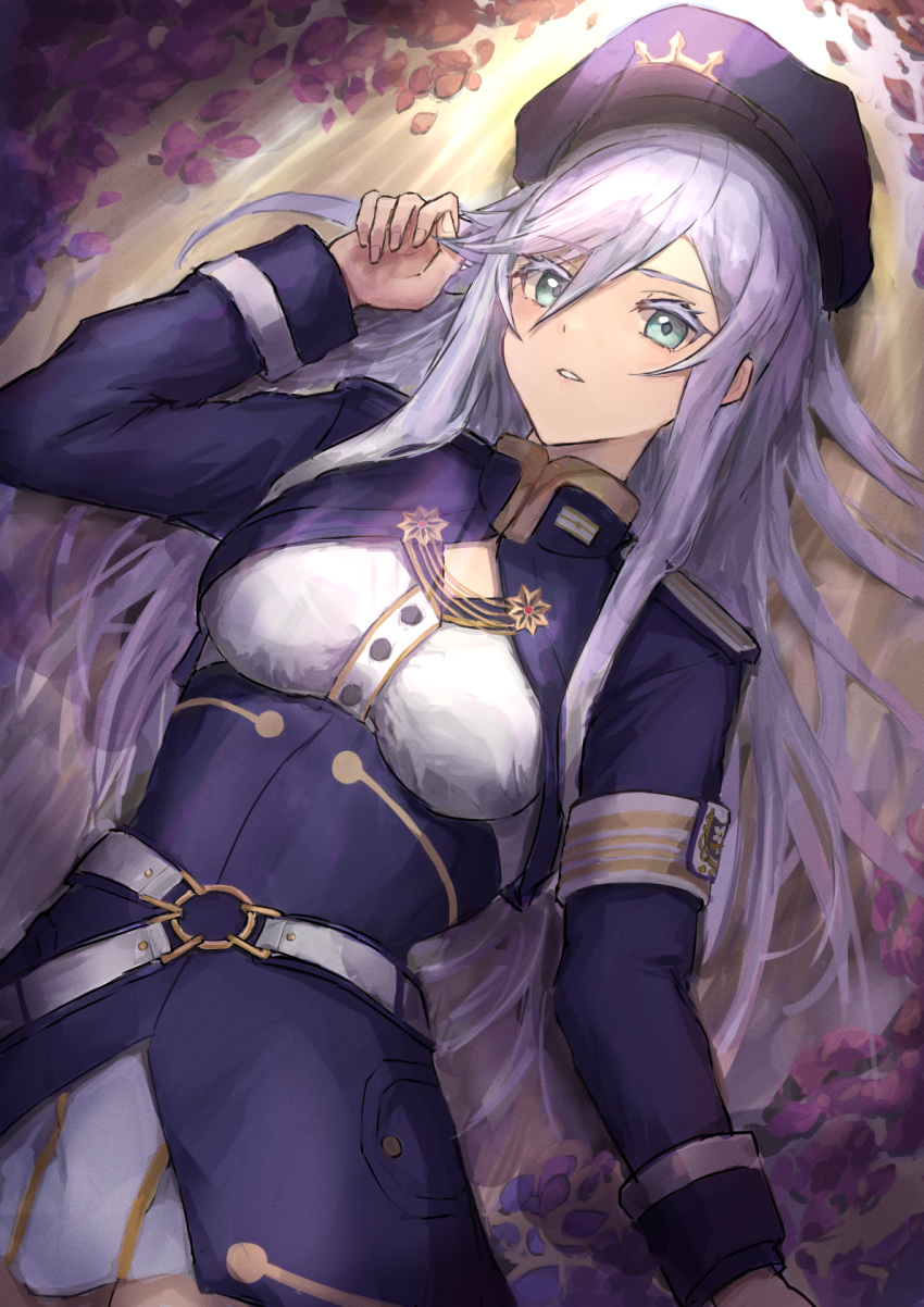 1girl 86_-eightysix- armband bangs belt blue_headwear breasts cleavage_cutout clothing_cutout from_above green_eyes hair_behind_ear hair_between_eyes highres ito_t20a light_blush looking_at_viewer lying medium_breasts military military_uniform on_ground parted_lips silver_hair solo uniform vladilena_millize