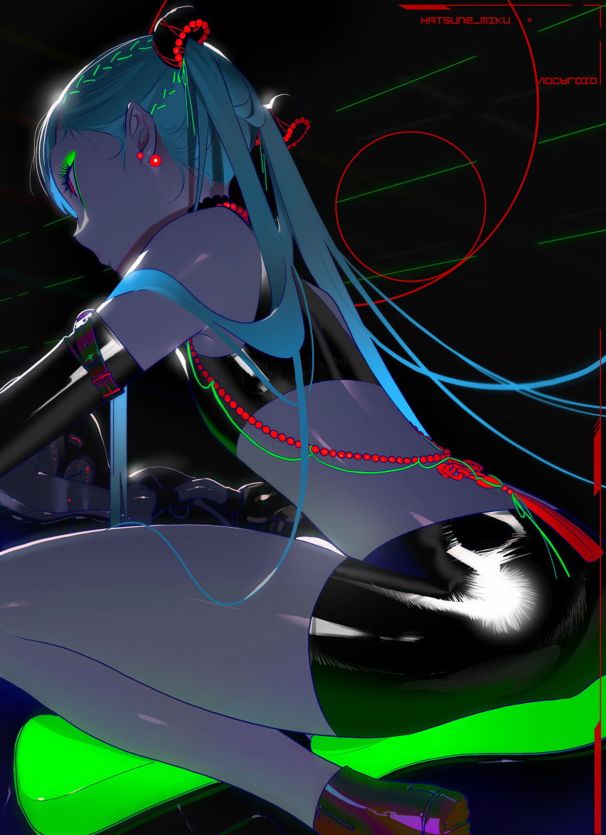 1girl absurdres alternate_costume arm_strap bare_legs beads black_gloves black_shorts character_name closed_mouth commentary copyright_name crop_top ear_piercing elbow_gloves eyelashes eyeshadow flat_chest flower_knot from_side full_body gloves ground_vehicle hair_bobbles hair_ornament hatsune_miku highres latex latex_gloves latex_shorts light_blue_hair long_hair makeup midriff motor_vehicle motorcycle neon_lights piercing profile qmeng red_eyes red_footwear riding shiny shiny_clothes shiny_skin shorts skin_tight solo symbol_commentary tassel thighs twintails vocaloid zipper_footwear