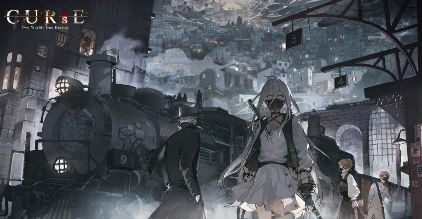 2boys 2girls building city coat dress gloves ground_vehicle hands_in_pockets hat highres light_brown_hair lococo:p long_hair mask mouth_mask multiple_boys multiple_girls original plague_doctor_mask shirt short_hair steam steampunk sword thigh_strap train train_station underground weapon white_dress white_hair