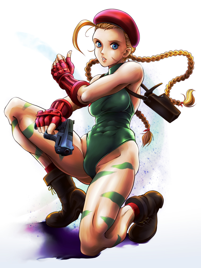 1girl abs ahoge beret blonde_hair blue_eyes bodypaint boots braid breasts cammy_white camouflage combat_boots commentary_request fingerless_gloves gloves green_leotard gun handgun hat highleg highleg_leotard highres holster huge_ahoge leotard lips long_hair medium_breasts nose one_knee partial_commentary pistol shoulder_holster solo street_fighter street_fighter_ii_(series) tamanegiinyo toned twin_braids weapon