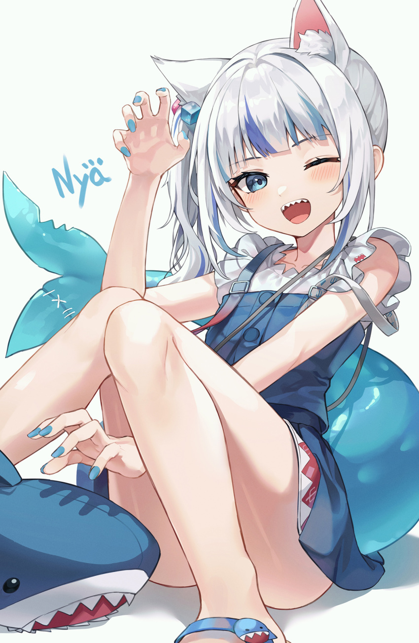 1girl ;d animal_ears blue_dress blue_eyes blue_hair blue_nails blush cat_ears dress fingernails fish_tail gawr_gura hand_up highres hololive hololive_english legs looking_at_viewer multicolored_hair myung_yi nail_polish one_eye_closed open_mouth shark_tail sharp_teeth shirt short_hair smile stuffed_animal stuffed_shark stuffed_toy tail teeth thighs two-tone_hair upper_teeth virtual_youtuber white_hair white_shirt