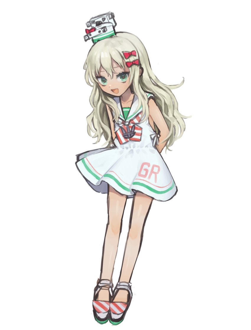 1girl arms_behind_back bangs bare_legs blonde_hair dress grecale_(kancolle) green_eyes hair_ribbon hat highres kantai_collection long_hair open_mouth pi_p_y ribbon sailor_collar sailor_dress sleeveless sleeveless_dress solo striped striped_neckwear white_background white_dress white_sailor_collar