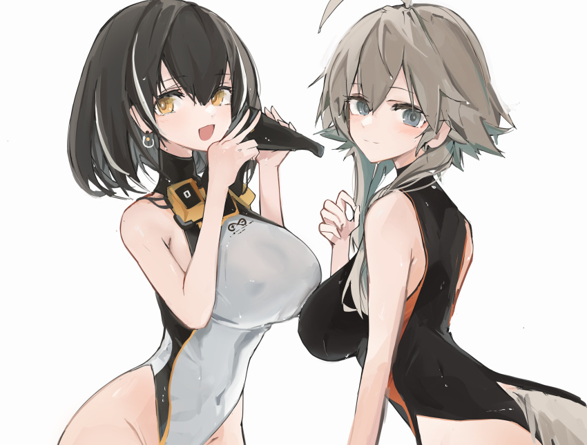 2girls ahoge arknights bangs beak_mask black_hair black_swimsuit brown_eyes competition_swimsuit grey_hair highleg highleg_swimsuit highres looking_at_viewer magallan_(arknights) mayer_(arknights) mikojin multicolored_hair multiple_girls one-piece_swimsuit open_mouth orange_eyes rhine_lab_logo short_hair short_hair_with_long_locks simple_background smile streaked_hair swimsuit two-tone_swimsuit white_background white_hair white_swimsuit