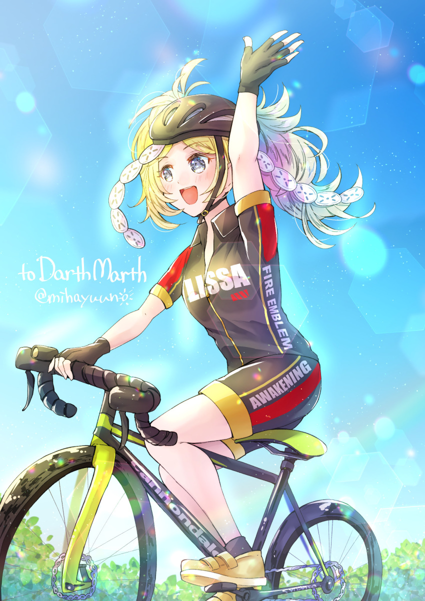 1girl :d alternate_costume arm_up bicycle bicycle_helmet blonde_hair blue_sky blush collared_shirt commission eyebrows_visible_through_hair fingerless_gloves fire_emblem fire_emblem_awakening gloves grey_eyes ground_vehicle helmet highres lissa_(fire_emblem) mihayuuno open_mouth riding_bicycle shirt shoes shorts sky smile sneakers solo twintails twitter_username