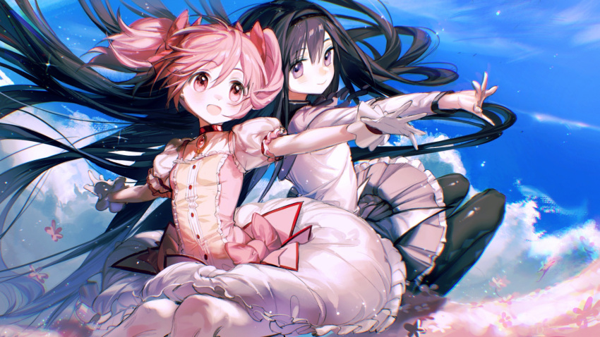 2girls akemi_homura black_hair black_legwear bow bubble_skirt buttons capelet choker clouds dress flower gloves hair_float hairband highres kaname_madoka knees_up legs_together long_hair long_sleeves looking_afar magical_girl mahou_shoujo_madoka_magica multiple_girls outstretched_arms pantyhose pink_bow pink_dress pink_eyes pink_hair puffy_short_sleeves puffy_sleeves rumoon shirt short_sleeves short_twintails skirt sky soul_gem twintails very_long_hair violet_eyes white_gloves white_legwear white_shirt