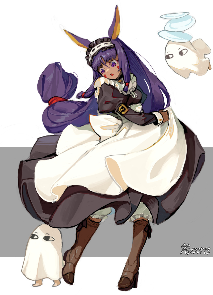 1girl 2others absurdres alternate_costume animal_ears apron black_dress dark_skin dark-skinned_female dress enmaided fate/grand_order fate_(series) highres hwoking jackal_ears juliet_sleeves long_hair long_sleeves low-tied_long_hair maid maid_apron maid_headdress medjed_(fate) multiple_others nitocris_(fate) puffy_sleeves purple_hair violet_eyes waist_apron white_apron