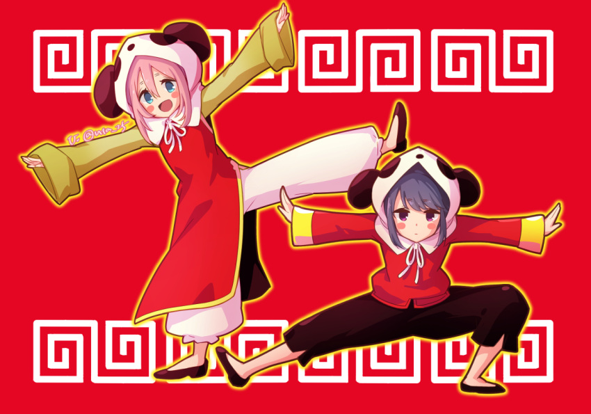 2girls animal_hood atu bangs black_pants blue_eyes blue_hair blush closed_mouth commentary_request cosplay crossover eyebrows_visible_through_hair flats hair_between_eyes hood kagamihara_nadeshiko long_hair long_sleeves looking_at_viewer multiple_girls outstretched_arms panda_hood pants pink_hair red_background shima_rin standing standing_on_one_leg stretch violet_eyes vocaloid white_pants yie_ar_fan_club_(vocaloid) yurucamp