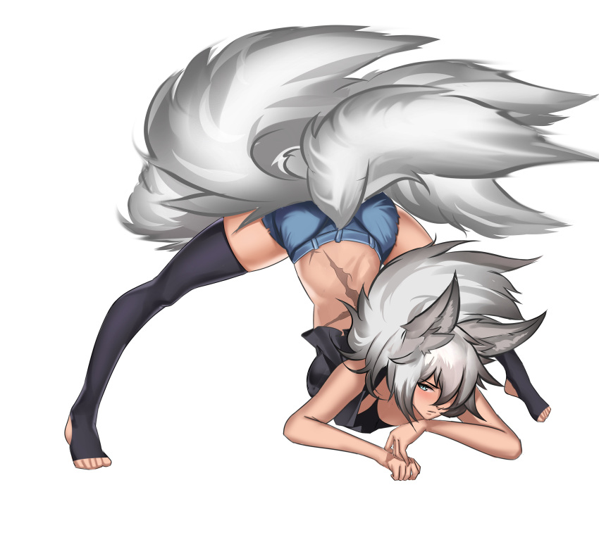absurdres ainemswork_(artist) animal_ears barefoot breasts denim denim_shorts fox_ears fox_tail highres jack-o'_challenge kitsune large_breasts long_hair looking_at_viewer mithra_tsukiaki_(vtuber) multiple_tails non-web_source original scar scar_on_back shorts tail thigh-highs toeless_legwear virtual_youtuber