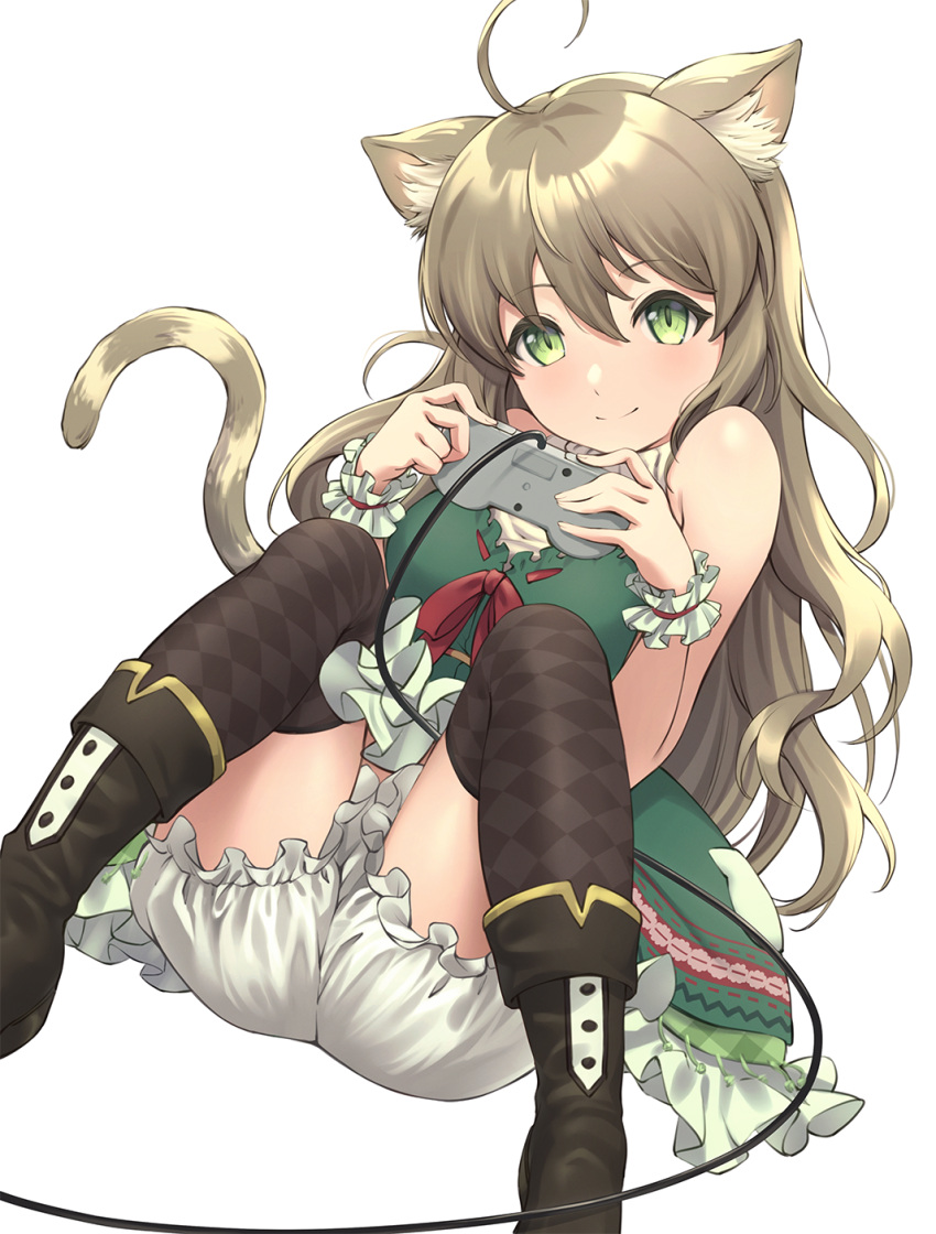 1girl ahoge animal_ears argyle argyle_legwear bangs bare_shoulders black_footwear black_legwear bloomers blush boots borrowed_character breasts brown_hair cat_ears cat_girl cat_tail chokuro closed_mouth controller dress eyebrows_visible_through_hair frilled_dress frills game_controller green_dress green_eyes hair_between_eyes hands_up highres holding knees_up long_hair looking_at_viewer medium_breasts original simple_background sleeveless sleeveless_dress smile solo tail thigh-highs thighhighs_under_boots underwear very_long_hair white_background white_bloomers wrist_cuffs