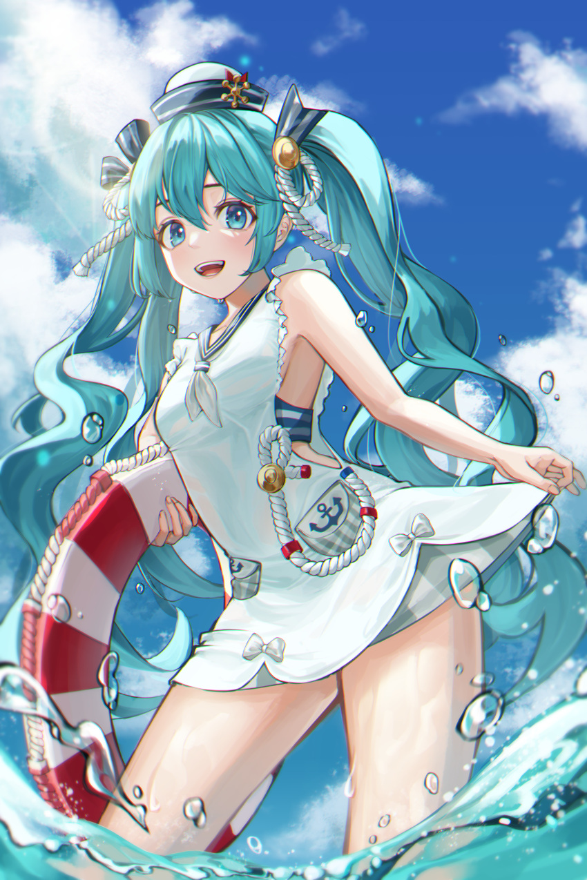 1girl :d absurdres bangs bikini bikini_under_clothes blue_eyes blue_hair blue_sailor_collar breasts commentary_request cowboy_shot day dress hair_between_eyes hat hatsune_miku highres holding holding_innertube huge_filesize innertube kongsi korean_commentary long_hair looking_at_viewer neckerchief open_mouth sailor_collar sailor_hat sky small_breasts smile solo swimsuit twintails very_long_hair vocaloid wading water white_dress white_neckwear