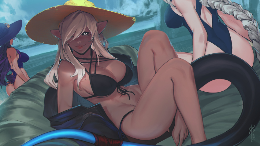 3girls ;) absurdres aiko_(less) artist_name ass bangs bare_legs bare_shoulders barefoot bikini black_bikini black_sclera blonde_hair braid breasts bunny_tail collarbone colored_sclera commentary dark_skin dark-skinned_female english_commentary facing_away front-tie_bikini front-tie_top hat head_out_of_frame highres large_breasts less lips looking_at_viewer mole mole_on_breast multiple_girls one-piece_swimsuit one_eye_closed original pointy_ears purple_hair purple_swimsuit reclining side-tie_bikini silver_hair sitting smile straw_hat sun_hat swimsuit tail very_long_sleeves water