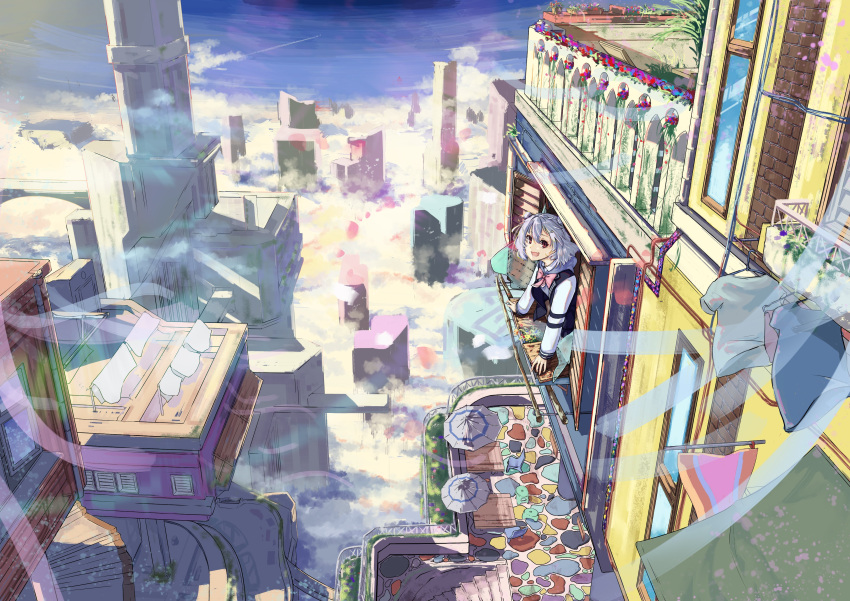 1girl absurdres arm_support ascot blazer building cevio clothes_hanger clothesline clouds commentary double_bun grey_hair highres jacket koharu_rikka looking_at_viewer parasol pink_neckwear plant potted_plant scenery short_hair shutter_shades smile solo stairs stone_floor synthesizer_v tower umbrella violet_eyes wide_shot window windowsill wronstap