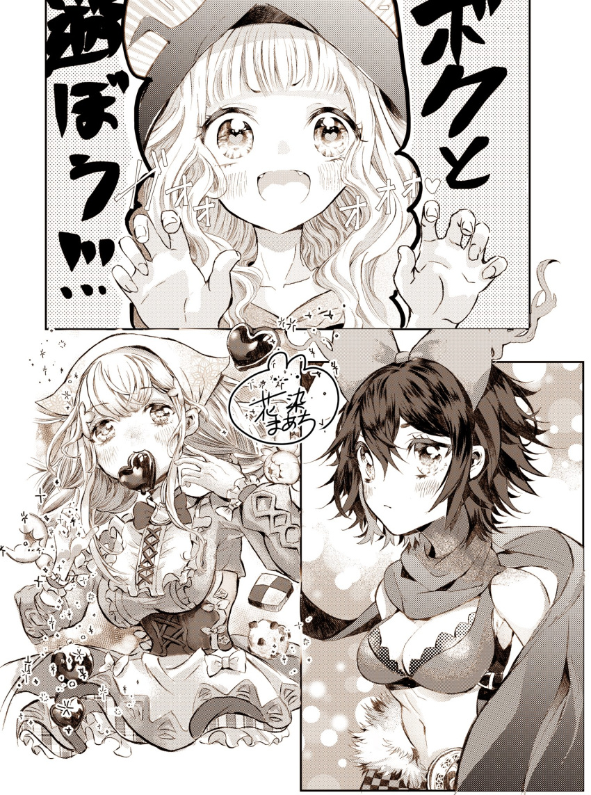 3girls alice_(sinoalice) apron bangs belt blunt_bangs blush bow bowtie braid candy chocolate chocolate_heart crop_top fangs flower food hair_bow hair_flower hair_ornament hanazome_march headdress heart heart-shaped_pupils highres hood hood_up little_red_riding_hood_(sinoalice) long_hair long_sleeves looking_at_viewer monochrome mouth_hold multiple_girls puffy_long_sleeves puffy_sleeves rapunzel_(sinoalice) scarf short_hair sidelocks signature sinoalice skirt smile sweets symbol-shaped_pupils twintails wavy_mouth