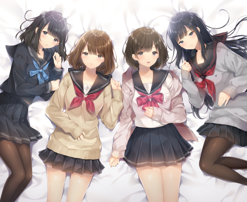 4girls :d bangs bed_sheet black_eyes black_hair black_sailor_collar black_serafuku black_shirt black_skirt blue_neckwear blush breasts brown_cardigan brown_eyes brown_hair brown_legwear brown_sweater cardigan closed_mouth collarbone commentary_request eyebrows_visible_through_hair fingernails grey_sweater hand_up long_hair long_sleeves lying miniskirt multiple_girls neckerchief noda_shuha on_back on_side open_cardigan open_clothes open_mouth original pantyhose parted_lips pleated_skirt red_neckwear revision sailor_collar school_uniform serafuku shirt skirt sleeves_past_wrists small_breasts smile sweater very_long_hair