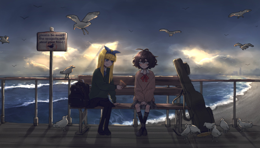 2girls bangs beach bird black_hair black_legwear blind blind_girl_(popopoka) blonde_hair blue_hairband blunt_bangs brown_sweater bully_girl_(popopoka) day english_text eyebrows_visible_through_hair food freckles giving grey_eyes guitar_case hairband highres holding instrument_case kneehighs long_hair long_sleeves looking_at_another medium_hair multiple_girls neck_ribbon original outdoors pantyhose plaid plaid_skirt popopoka ribbon sandwich seagull shirt shoes sign sitting skirt smile sunlight sweater