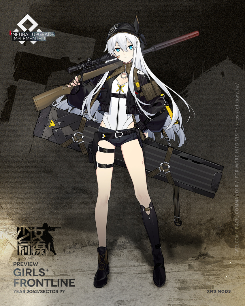 1girl alternate_costume asymmetrical_footwear bandana black_footwear black_jacket black_shorts blue_eyes boots brown_gloves character_name closed_mouth copyright_name eyebrows_visible_through_hair fingerless_gloves floor girls_frontline gloves gun hand_on_hip highres holding holding_weapon jacket long_hair looking_at_viewer mod3_(girls_frontline) over_shoulder patch rifle shi-chen shorts silver_hair sniper_rifle solo standing weapon weapon_case weapon_over_shoulder xm3_(girls_frontline)