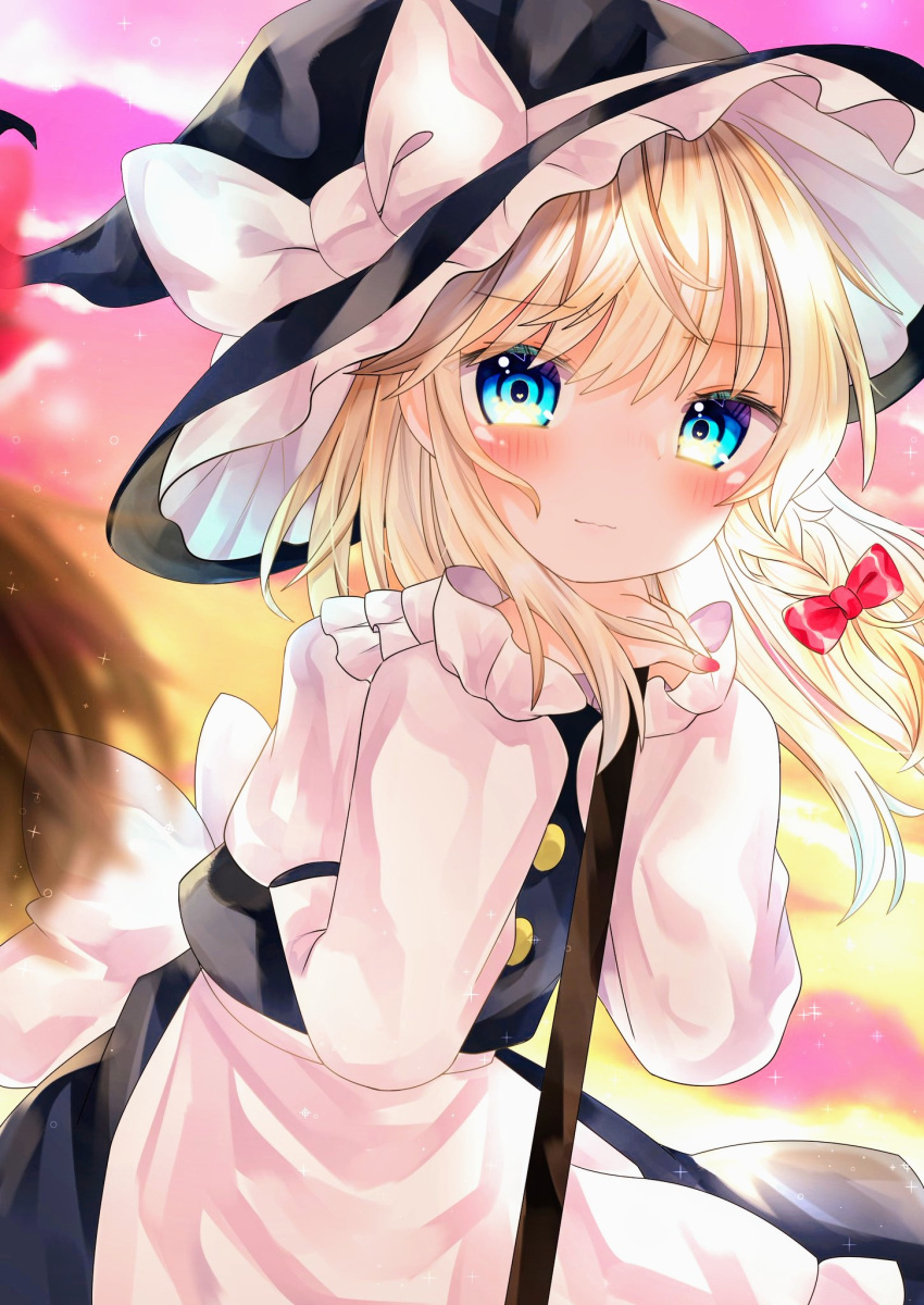 1girl alternate_eye_color armband arms_up bangs black_headwear black_skirt black_vest blonde_hair blue_eyes blurry blurry_background blush brad braid clouds commentary cowboy_shot expressionless eyebrows_visible_through_hair hair_blowing hat hat_ribbon highres juliet_sleeves kirisame_marisa leaning_on_broom long_hair long_sleeves looking_at_viewer outdoors own_hands_together puffy_sleeves purple_sky ribbon shirt single_braid skirt solo standing touhou twilight very_long_hair vest white_shirt witch_hat yellow_sky