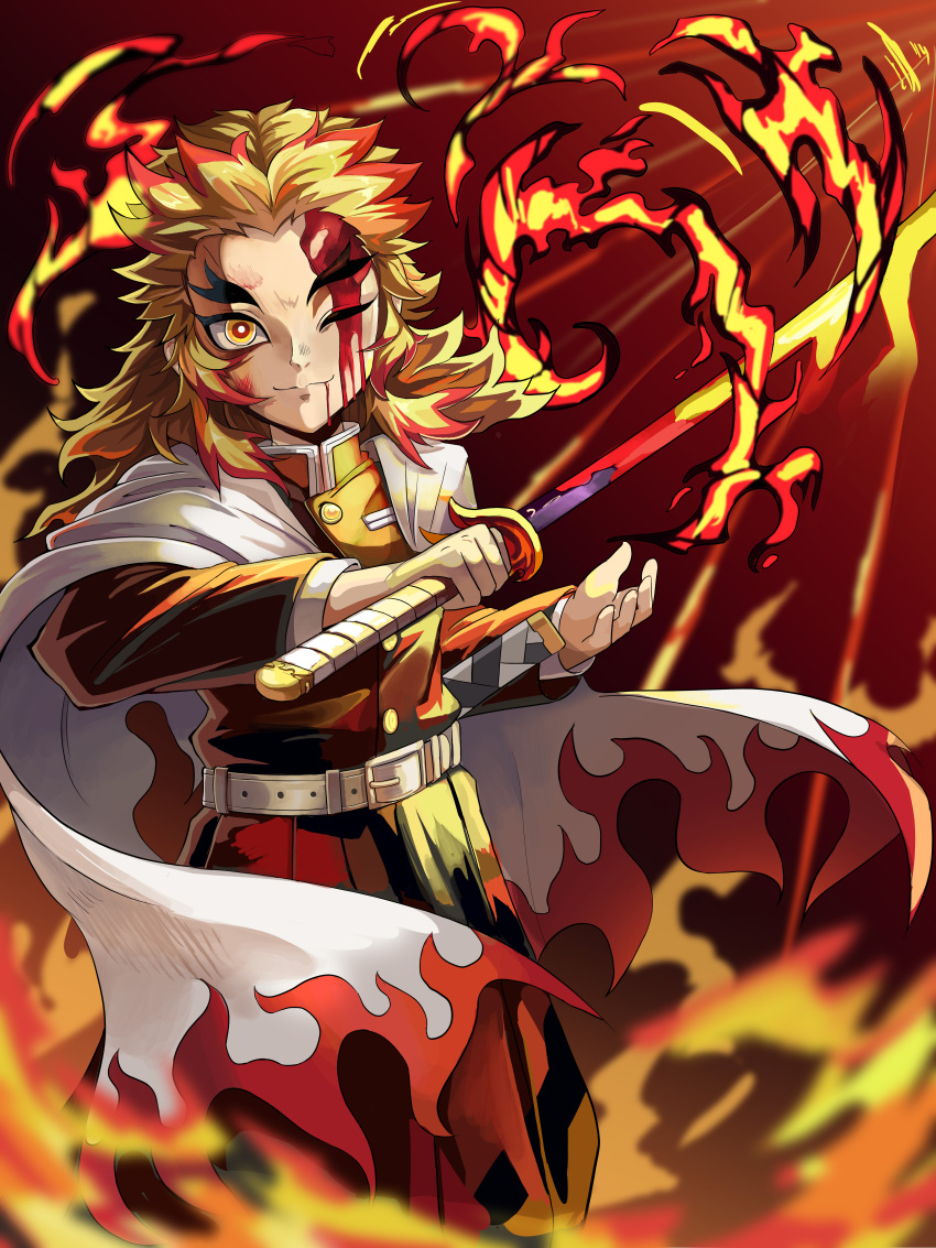 1girl absurdres belt blonde_hair blood blood_on_face bruise bruise_on_face cape flaming_sword flaming_weapon highres holding holding_sword holding_weapon injury katana kimetsu_no_yaiba long_hair long_sleeves multicolored_hair one_eye_closed orange_eyes redhead rengoku_kyoujurou sheath solo spoilers standing sword sylph_p two-tone_hair weapon white_belt white_cape