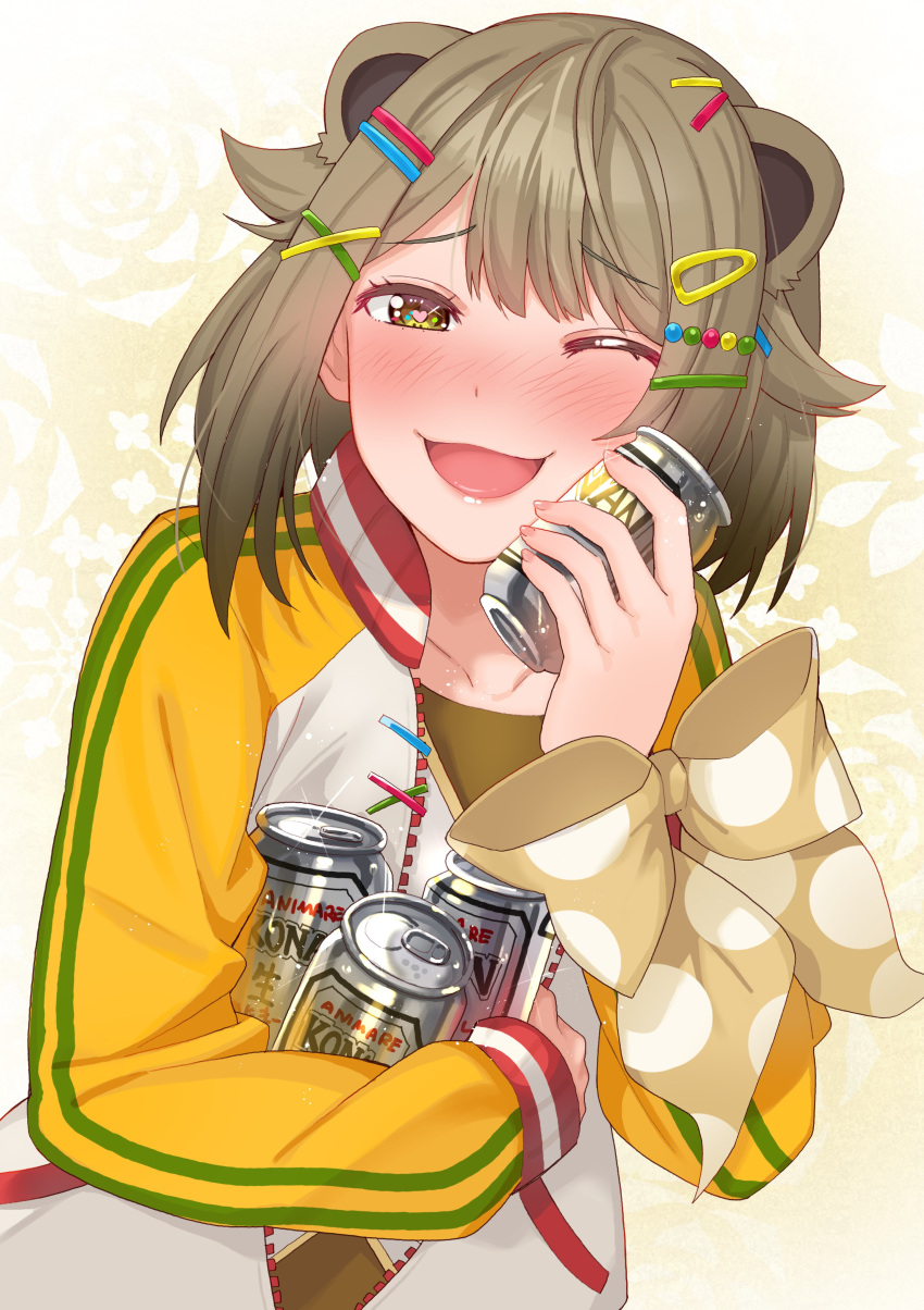 1girl absurdres animal_ears animare bangs beer_can blush brown_eyes brown_hair can collarbone eyebrows_visible_through_hair hair_ornament hairclip heart heart_in_eye highres holding holding_can jacket konan_mia long_sleeves one_eye_closed open_clothes open_jacket open_mouth short_hair smile solo symbol_in_eye tonarikeru track_jacket two-tone_jacket upper_body virtual_youtuber