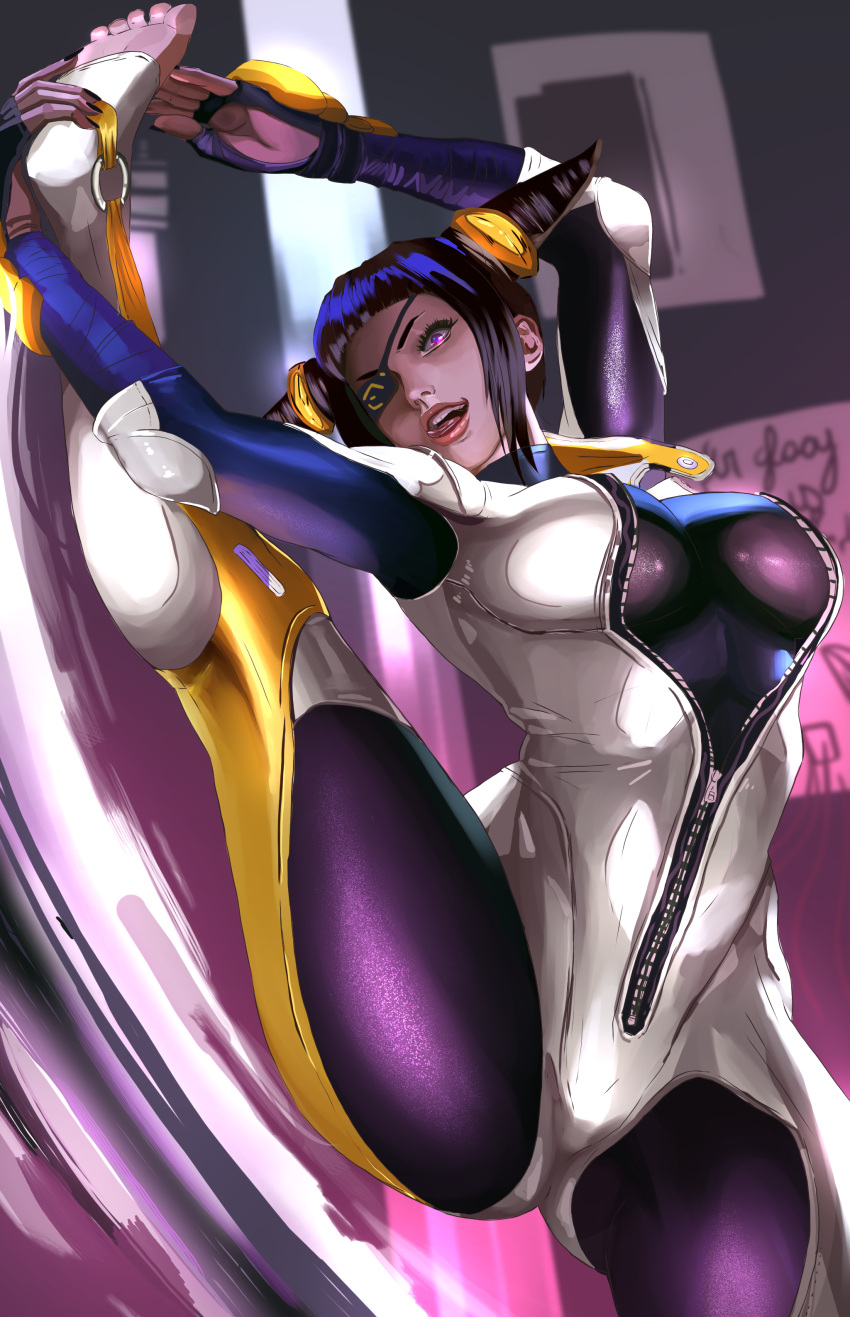 1girl absurdres alternate_color biker_clothes bikesuit black_hair breasts capcom drill_hair eyepatch feet han_juri highres john_tazukura large_breasts looking_at_viewer skin_tight solo special_moves street_fighter street_fighter_v thighs tongue twin_drills upper_teeth violet_eyes zipper