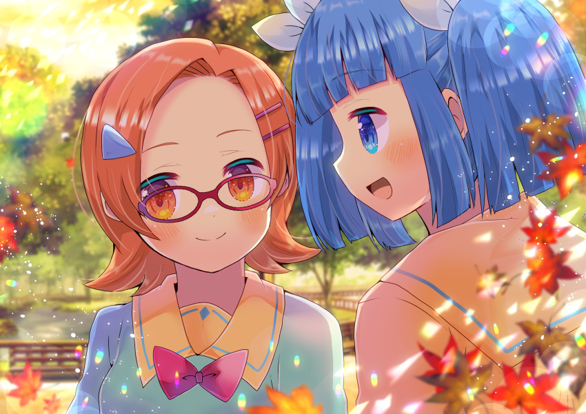 2girls :d autumn_leaves bangs blue_eyes blue_hair blue_shirt blunt_bangs blurry blurry_background blurry_foreground blush bow brown_eyes brown_sailor_collar brown_shirt closed_mouth commentary_request commission depth_of_field eyebrows_visible_through_hair forehead glasses hair_ornament hair_ribbon hairclip highres kouu_hiyoyo leaf maple_leaf multiple_girls open_mouth outdoors pani_poni_dash! parted_bangs pixiv_request profile red-framed_eyewear red_bow ribbon sailor_collar school_uniform serafuku shirt smile sunset suzuki_sayaka tree twintails uehara_miyako upper_body white_ribbon yellow_shirt